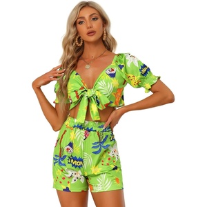 image:imageAllegra K Womens 2 Piece Romper Floral Print Knot Front Puff Sleeve Crop Top with Shorts Set