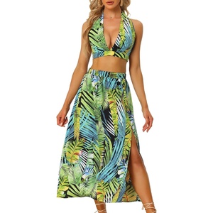 image:imageAllegra K Womens 2023 Summer 2 Piece Tropical Tie Backless Halter V Neck Crop Top with Split Thigh Skirt Set