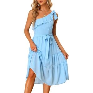image:imageAllegra K Womens 2023 Summer Beach Party Dress Ruffled Flowy Tiered Chiffon Sleeveless One Shoulder Dresses