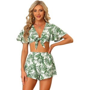 image:imageAllegra K Womens Boho 2 Piece Tropical Outfits Summer Beach Short Sleeve Knot Front Bandeau Crop Top with Shorts Set
