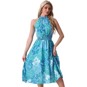 image:imageAllegra K Boho Summer Dress for Womens Halter Neck Sleeveless Casual Floral Print Sundress Midi DressesBlue Green