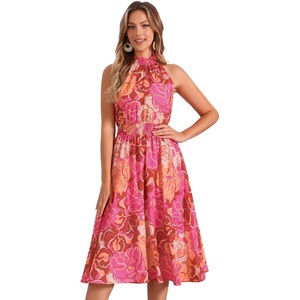 image:imageAllegra K Boho Summer Dress for Womens Halter Neck Sleeveless Casual Floral Print Sundress Midi DressesRose Red