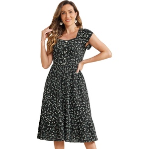 image:imageAllegra K Summer Dresses for Womens 2024 Square Collar Short Sleeve Floral Boho Beach Casual Midi DressBlack