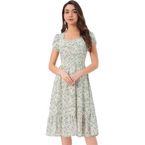 image:imageAllegra K Summer Dresses for Womens 2024 Square Collar Short Sleeve Floral Boho Beach Casual Midi DressGreen