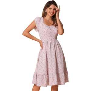 image:imageAllegra K Summer Dresses for Womens 2024 Square Collar Short Sleeve Floral Boho Beach Casual Midi DressPink