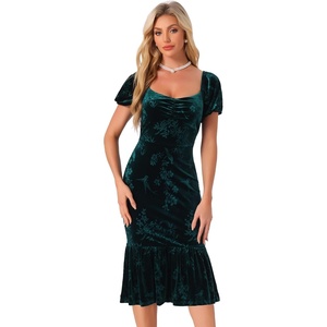 image:imageAllegra K Velvet Floral Dress for Womens Puff Sleeve Semi Formal Wedding Guest DressesGreen