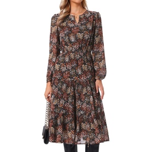 image:imageAllegra K Chiffon Floral Dress for Womens Fall Long Sleeve Elastic Waist Flowy Pleated Midi DressesBlack