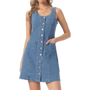 image:imageAllegra K Denim Dress Women Button Down Sleeveless Mini  Collarless U Neck Patch Pocket Stretchy Denim Casual Western Short Blue Jean DressesLight Blue