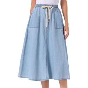 image:imageAllegra K Denim Maxi Skirt for Women Elastic Waist Casual A Line Long Jean SkirtsLight Blue