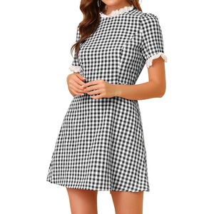 image:imageAllegra K Women Gingham Dress Summer Short Sleeve Crew Neck Lace Panel Plaid Mini Dresses Halloween Dorothy CostumeBlack