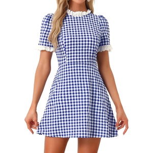 image:imageAllegra K Women Gingham Dress Summer Short Sleeve Crew Neck Lace Panel Plaid Mini Dresses Halloween Dorothy CostumeBlue White