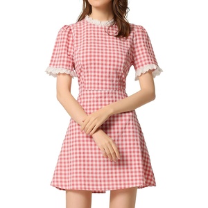 image:imageAllegra K Women Gingham Dress Summer Short Sleeve Crew Neck Lace Panel Plaid Mini Dresses Halloween Dorothy CostumePink
