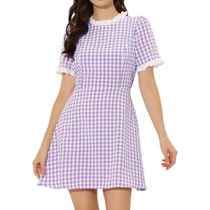 image:imageAllegra K Women Gingham Dress Summer Short Sleeve Crew Neck Lace Panel Plaid Mini Dresses Halloween Dorothy CostumePurple