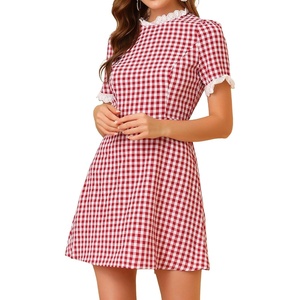 image:imageAllegra K Women Gingham Dress Summer Short Sleeve Crew Neck Lace Panel Plaid Mini Dresses Halloween Dorothy CostumeRed