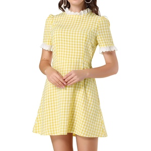 image:imageAllegra K Women Gingham Dress Summer Short Sleeve Crew Neck Lace Panel Plaid Mini Dresses Halloween Dorothy CostumeYellow