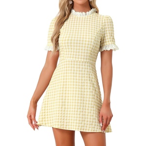 image:imageAllegra K Women Gingham Dress Summer Short Sleeve Crew Neck Lace Panel Plaid Mini Dresses Halloween Dorothy CostumeYellow White