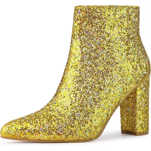 image:imageAllegra K Womens Chunky Heel Glitter Ankle Boots  Pointy Toe Wide Calf Side Zipper Heel 3 59 Inches Party Halloween days Christmas Days Dating EveningYellow Gold