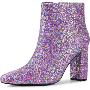image:imageAllegra K Womens Chunky Heel Glitter Ankle Boots  Pointy Toe Wide Calf Side Zipper Heel 3 59 Inches Party Halloween days Christmas Days Dating EveningPurple