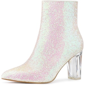 image:imageAllegra K Womens Chunky Heel Glitter Ankle Boots  Pointy Toe Wide Calf Side Zipper Heel 3 59 Inches Party Halloween days Christmas Days Dating EveningBling White