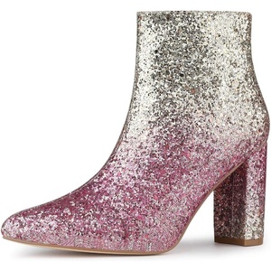 image:imageAllegra K Womens Chunky Heel Glitter Ankle Boots  Pointy Toe Wide Calf Side Zipper Heel 3 59 Inches Party Halloween days Christmas Days Dating EveningBeige Pink