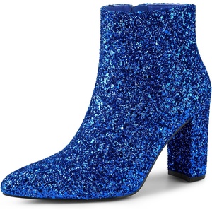 image:imageAllegra K Womens Chunky Heel Glitter Ankle Boots  Pointy Toe Wide Calf Side Zipper Heel 3 59 Inches Party Halloween days Christmas Days Dating EveningRoyal Blue