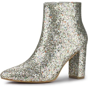 image:imageAllegra K Womens Chunky Heel Glitter Ankle Boots  Pointy Toe Wide Calf Side Zipper Heel 3 59 Inches Party Halloween days Christmas Days Dating EveningSilver