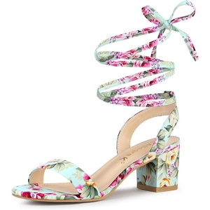 image:imageAllegra K Womens Block Heel Lace Up Sandals  2 38 inches Heel Flower PrintedComfortable Faux Suede perfect for Evening Party Wedding Date NightMint Green