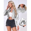image:imageAllegra K Faux Leather Bomber Jacket for Women Casual Zip Up PU Moto Biker Motocycle Cropped JacketsSilver