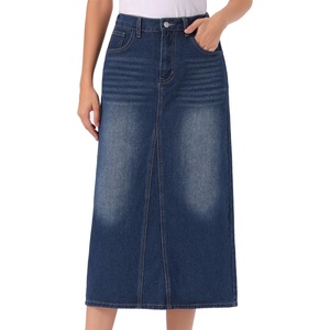 image:imageAllegra K Classic Denim Skirts for Womens Elasticated Waist Washed A Line Long Jean SkirtDark Blue