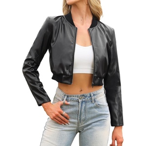 image:imageAllegra K Faux Leather Bomber Jacket for Women Casual Zip Up PU Moto Biker Motocycle Cropped JacketsBlack