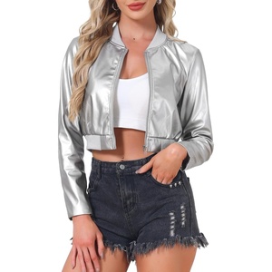 image:imageAllegra K Faux Leather Bomber Jacket for Women Casual Zip Up PU Moto Biker Motocycle Cropped JacketsSilver