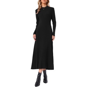 image:imageAllegra K Pleated Sweater Dress for Womens Mock Neck Long Sleeve Casual Fall Winter Ribbed Knit ALine Midi DressBlack
