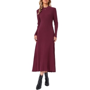 image:imageAllegra K Pleated Sweater Dress for Womens Mock Neck Long Sleeve Casual Fall Winter Ribbed Knit ALine Midi DressRed