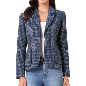 image:imageAllegra K Tweed Blazer for Womens Notch Lapel Long Sleeve Fall Winter Elegant Business Casual JacketDark Blue