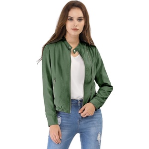 image:imageAllegra K Womens Lightweight Classic Casual Stand Collar Pocket Short Biker Moto JacketArmy Green