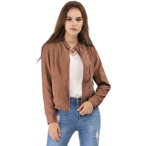 image:imageAllegra K Womens Lightweight Classic Casual Stand Collar Pocket Short Biker Moto JacketBrown
