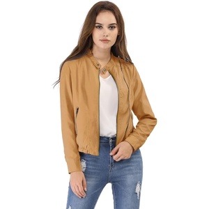 image:imageAllegra K Womens Lightweight Classic Casual Stand Collar Pocket Short Biker Moto JacketKahki