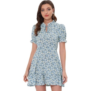 image:imageAllegra K Womens Floral Chiffon Dress 2026 Summer Casual Tie Neck Puff Short Sleeve Tiered Ruffle Smock Mini DressesBluewhite