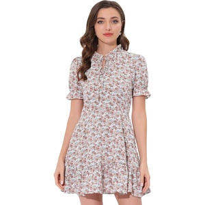 image:imageAllegra K Womens Floral Chiffon Dress 2026 Summer Casual Tie Neck Puff Short Sleeve Tiered Ruffle Smock Mini DressesPink