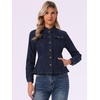 image:imageAllegra K Denim Jacket Womens Classic Stand Collar Long Sleeve Jean Jackets  2026 Trendy Button Front Flap Chest Pockets Stretchy Fabric Washed Vintage Daily Casual WearDeep Blue