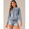 image:imageAllegra K Denim Jacket Womens Classic Stand Collar Long Sleeve Jean Jackets  2026 Trendy Button Front Flap Chest Pockets Stretchy Fabric Washed Vintage Daily Casual WearGrey Blue