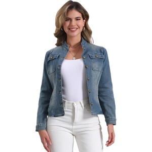image:imageAllegra K Denim Jacket Womens Classic Stand Collar Long Sleeve Jean Jackets  2026 Trendy Button Front Flap Chest Pockets Stretchy Fabric Washed Vintage Daily Casual WearVintage Blue