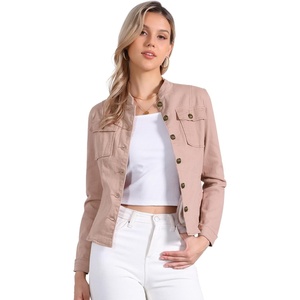 image:imageAllegra K Denim Jacket Womens Classic Stand Collar Long Sleeve Jean Jackets  2026 Trendy Button Front Flap Chest Pockets Stretchy Fabric Washed Vintage Daily Casual WearPink