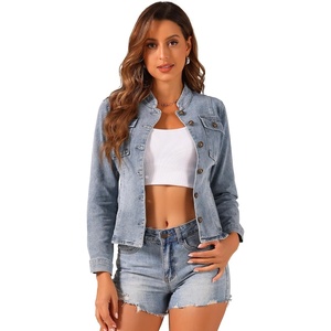 image:imageAllegra K Denim Jacket Womens Classic Stand Collar Long Sleeve Jean Jackets  2026 Trendy Button Front Flap Chest Pockets Stretchy Fabric Washed Vintage Daily Casual WearGrey Blue