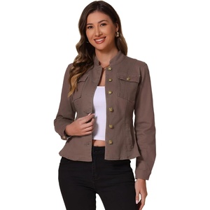 image:imageAllegra K Denim Jacket Womens Classic Stand Collar Long Sleeve Jean Jackets  2026 Trendy Button Front Flap Chest Pockets Stretchy Fabric Washed Vintage Daily Casual WearCoffee