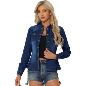 image:imageAllegra K Denim Jacket Womens Classic Stand Collar Long Sleeve Jean Jackets  2026 Trendy Button Front Flap Chest Pockets Stretchy Fabric Washed Vintage Daily Casual WearDark Blue