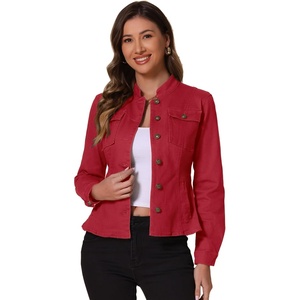 image:imageAllegra K Denim Jacket Womens Classic Stand Collar Long Sleeve Jean Jackets  2026 Trendy Button Front Flap Chest Pockets Stretchy Fabric Washed Vintage Daily Casual WearRed