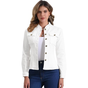 image:imageAllegra K Denim Jacket Womens Classic Stand Collar Long Sleeve Jean Jackets  2026 Trendy Button Front Flap Chest Pockets Stretchy Fabric Washed Vintage Daily Casual WearWhite