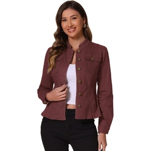 image:imageAllegra K Denim Jacket Womens Classic Stand Collar Long Sleeve Jean Jackets  2026 Trendy Button Front Flap Chest Pockets Stretchy Fabric Washed Vintage Daily Casual WearDeep Red