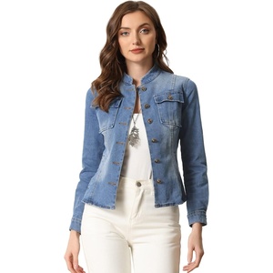 image:imageAllegra K Denim Jacket Womens Classic Stand Collar Long Sleeve Jean Jackets  2026 Trendy Button Front Flap Chest Pockets Stretchy Fabric Washed Vintage Daily Casual WearBlue